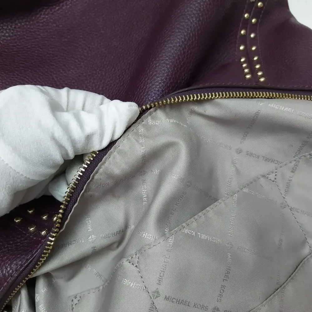 Michael Kors Aria Purple Pebbled Leather Studded Zipper Closure Shoulder Bag